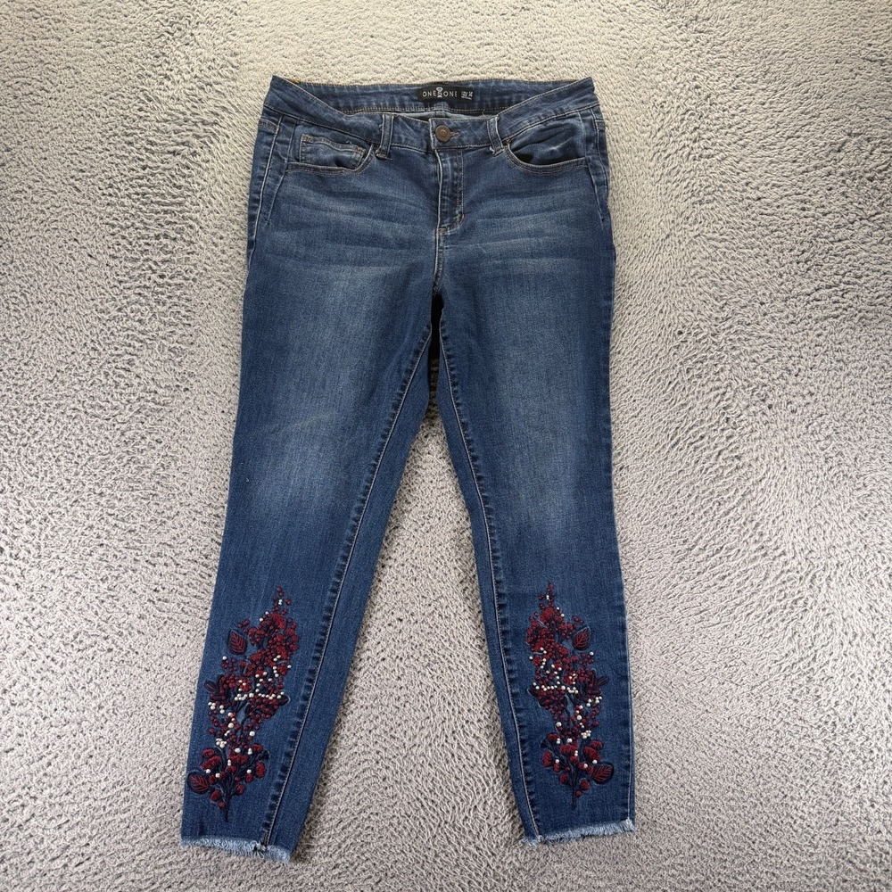 One5One Jeans Women's 14 Blue Cotton Denim Skinny Faded Workwear Travel Stretch